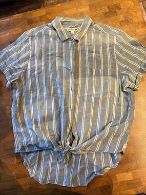 Toad&Co Blue and White Striped Short-Sleeve Button-Down with Front Tie